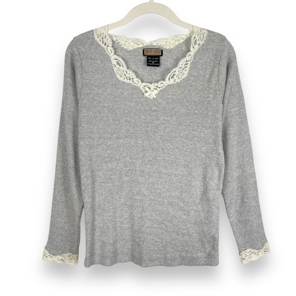 y2k Lace Trim Ribbed Long Sleeve Top Size M Gray Cream Coquette Dollette Bow